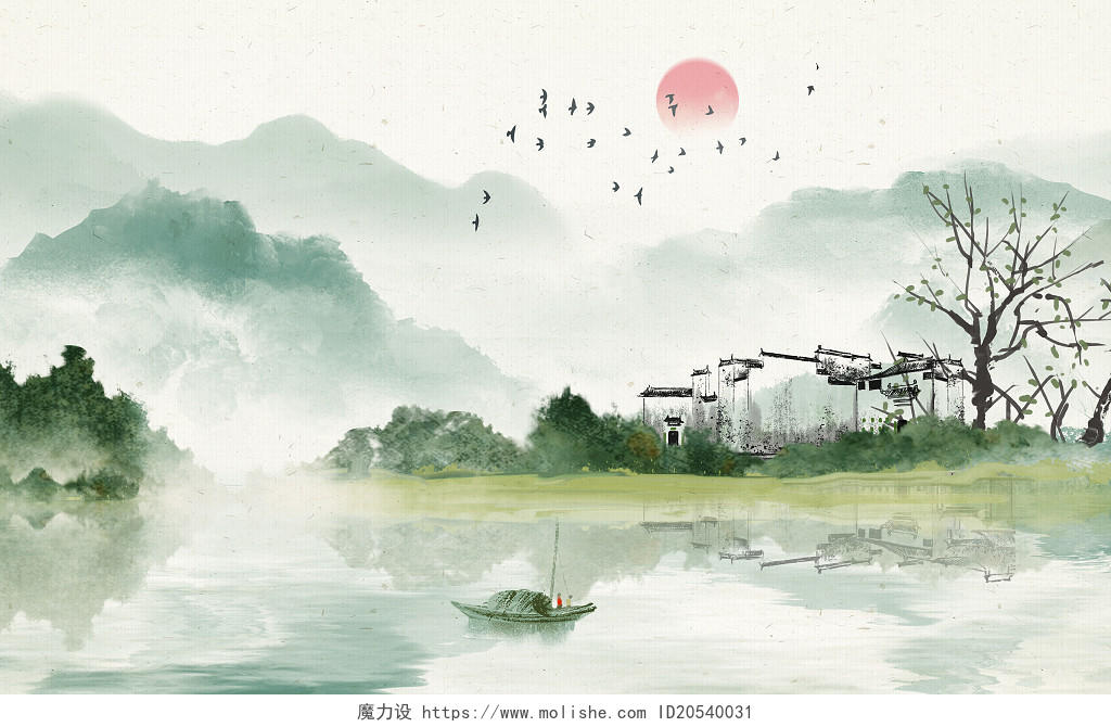 古风水墨新中式水彩复古建筑山水江南水乡手绘卡通插画海报
